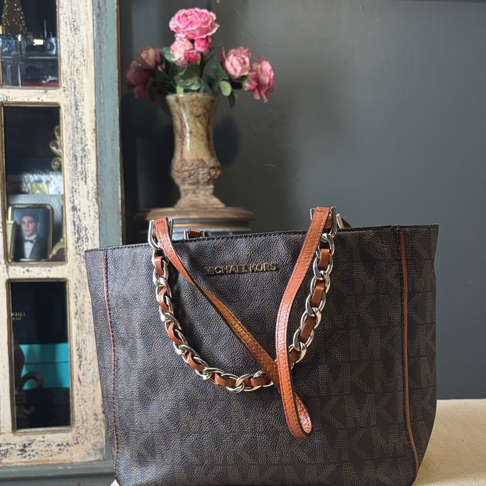 Michael Kors Dark Brown Tote with Chain Accent
